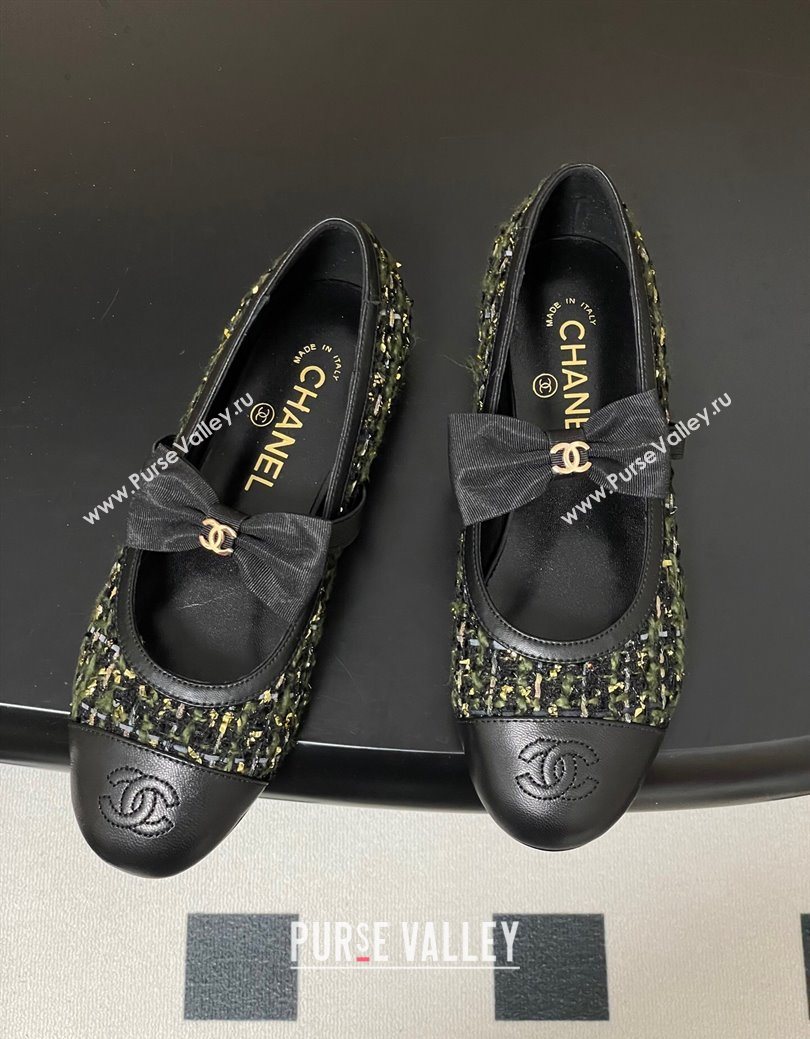 Chanel Tweed Leather Ballet Flats with Bow Green/Black 2025 CH122402 (MD-251224009)