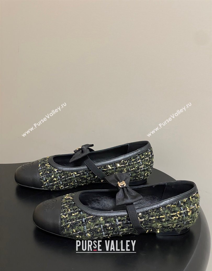 Chanel Tweed Leather Ballet Flats with Bow Green/Black 2025 CH122402 (MD-251224009)