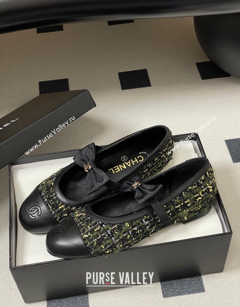 Chanel Tweed Leather Ballet Flats with Bow Green/Black 2025 CH122402 (MD-251224009)