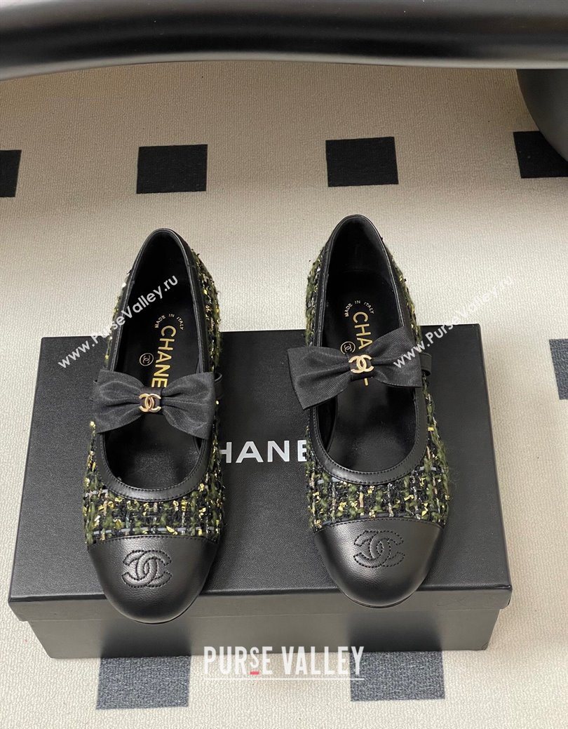 Chanel Tweed Leather Ballet Flats with Bow Green/Black 2025 CH122402 (MD-251224009)