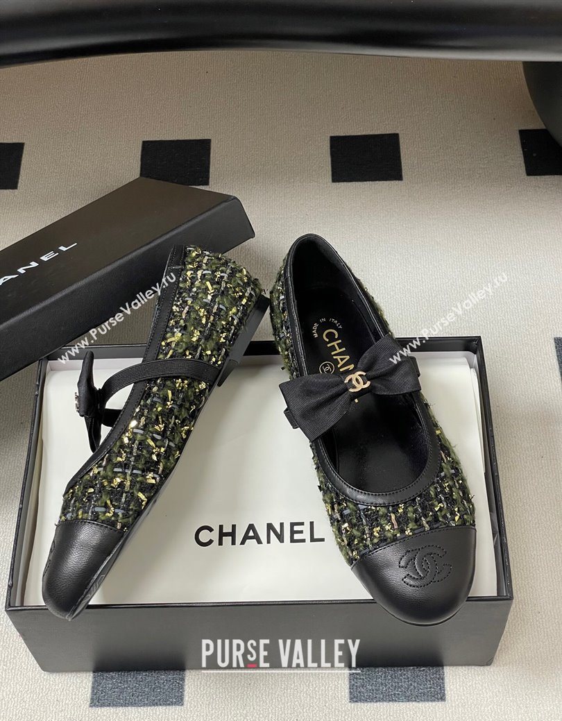 Chanel Tweed Leather Ballet Flats with Bow Green/Black 2025 CH122402 (MD-251224009)