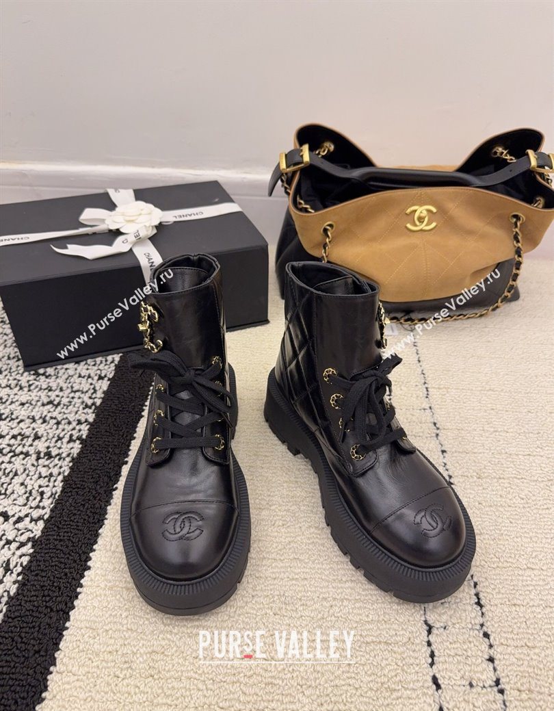Chanel Shiny Calfskin Laced-up Ankle Boots with Maxi CC Black 2025 CH110408 (MD-251223042)