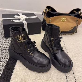 Chanel Shiny Calfskin Laced-up Ankle Boots with Maxi CC Black 2025 CH110408 (MD-251223042)