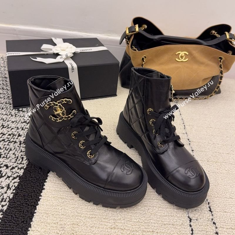 Chanel Shiny Calfskin Laced-up Ankle Boots with Maxi CC Black 2025 CH110408 (MD-251223042)