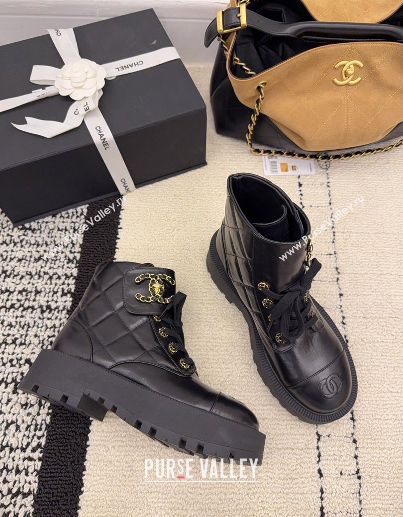 Chanel Shiny Calfskin Laced-up Ankle Boots with Maxi CC Black 2025 CH110408 (MD-251223042)