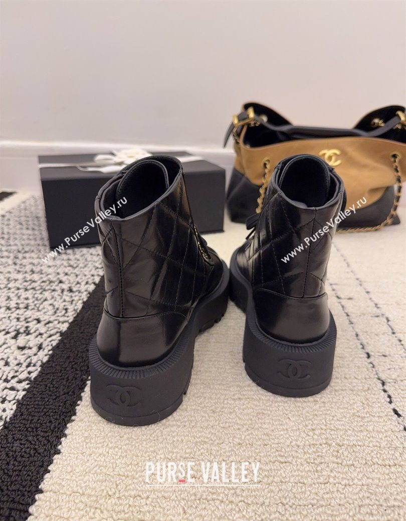 Chanel Shiny Calfskin Laced-up Ankle Boots with Maxi CC Black 2025 CH110408 (MD-251223042)