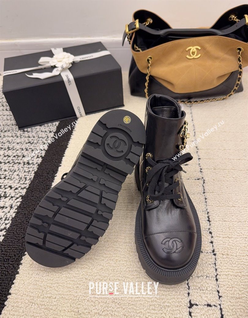 Chanel Shiny Calfskin Laced-up Ankle Boots with Maxi CC Black 2025 CH110408 (MD-251223042)