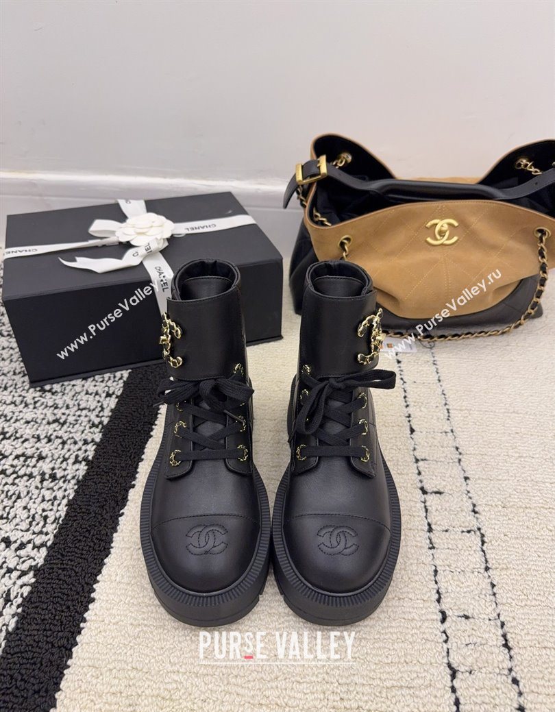 Chanel Calfskin Leather Laced-up Ankle Boots with Maxi CC Black 2025 CH110408 (MD-251223043)
