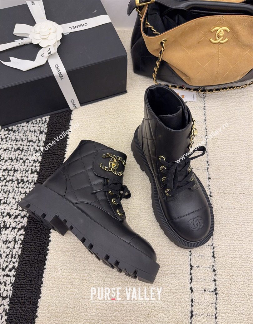 Chanel Calfskin Leather Laced-up Ankle Boots with Maxi CC Black 2025 CH110408 (MD-251223043)