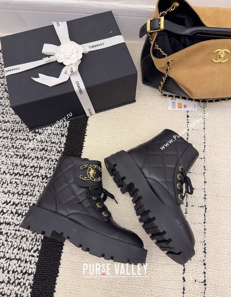 Chanel Calfskin Leather Laced-up Ankle Boots with Maxi CC Black 2025 CH110408 (MD-251223043)