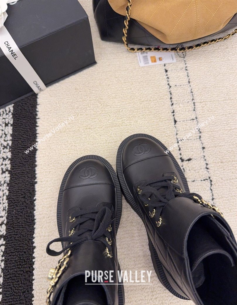 Chanel Calfskin Leather Laced-up Ankle Boots with Maxi CC Black 2025 CH110408 (MD-251223043)