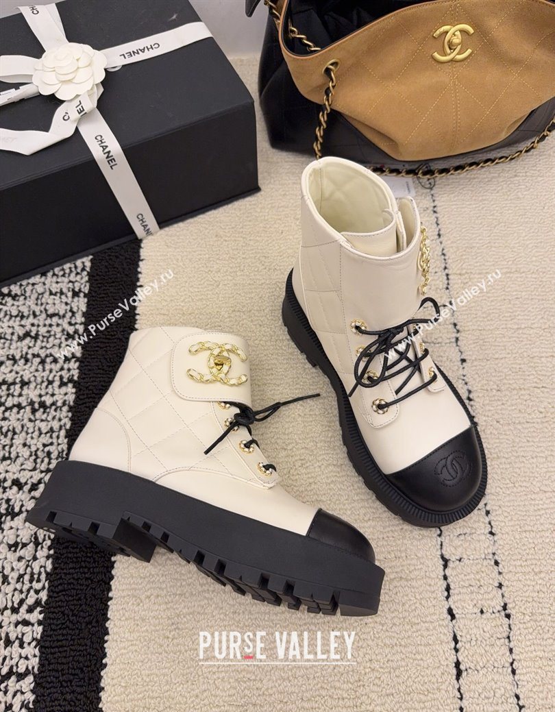 Chanel Calfskin Leather Laced-up Ankle Boots with Maxi CC White 2025 CH110408 (MD-251223044)