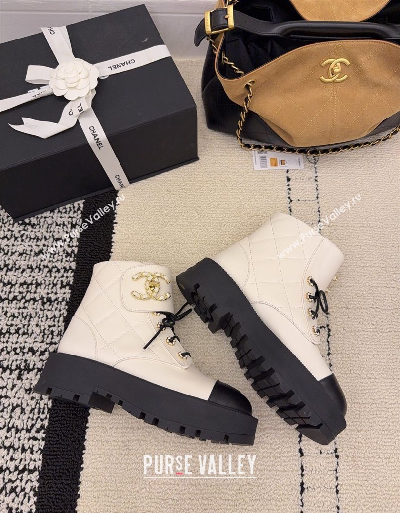 Chanel Calfskin Leather Laced-up Ankle Boots with Maxi CC White 2025 CH110408 (MD-251223044)