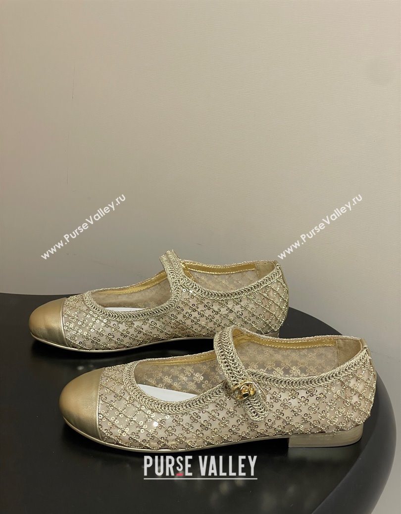 Chanel Mesh Sequins Mary Janes Flat Gold 2025 CH122302 (MD-251223094)