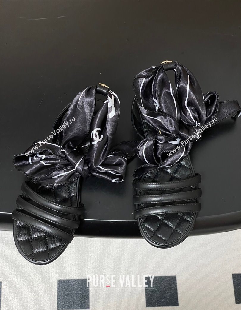 Chanel Lambskin Leather Silk Flat Sandals Black 2025 CH122304 (KL-251223118)