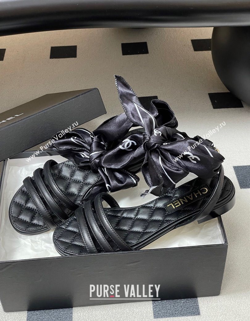 Chanel Lambskin Leather Silk Flat Sandals Black 2025 CH122304 (KL-251223118)