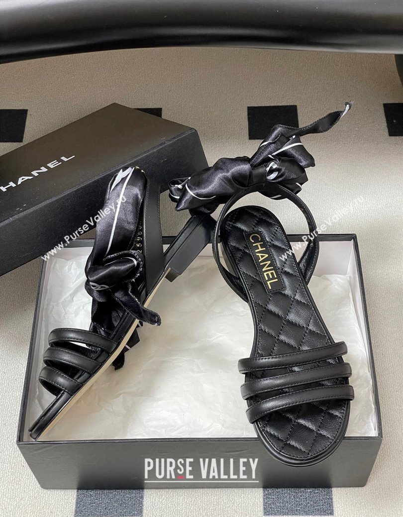 Chanel Lambskin Leather Silk Flat Sandals Black 2025 CH122304 (KL-251223118)