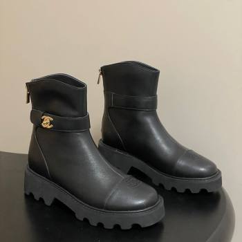 Chanel Calfskin Leather Platform Ankle Boots with Logo Strap Black 2025 CH122304 (MD-251223016)