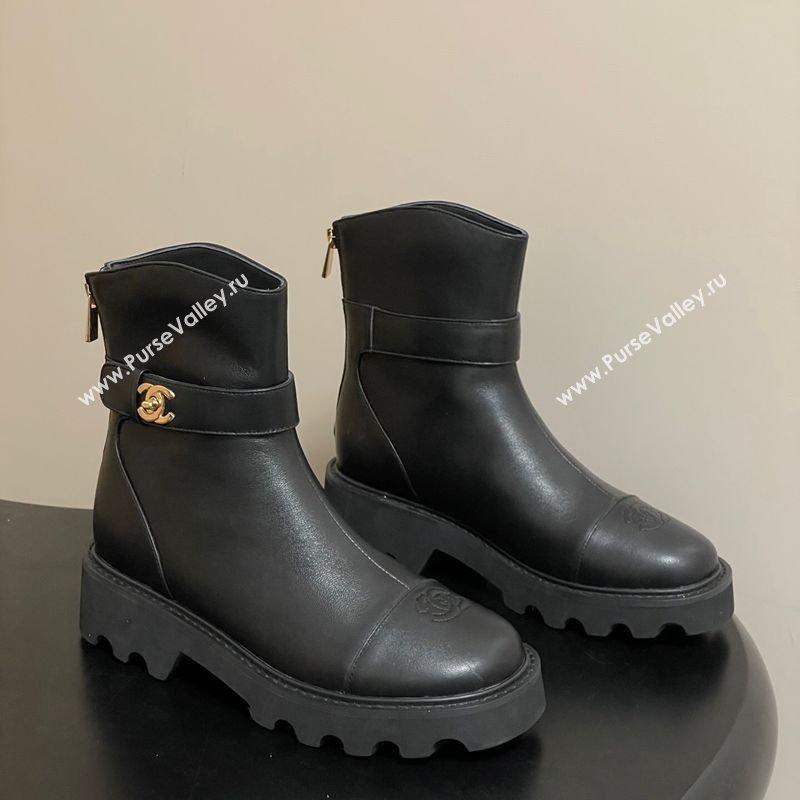 Chanel Calfskin Leather Platform Ankle Boots with Logo Strap Black 2025 CH122304 (MD-251223016)