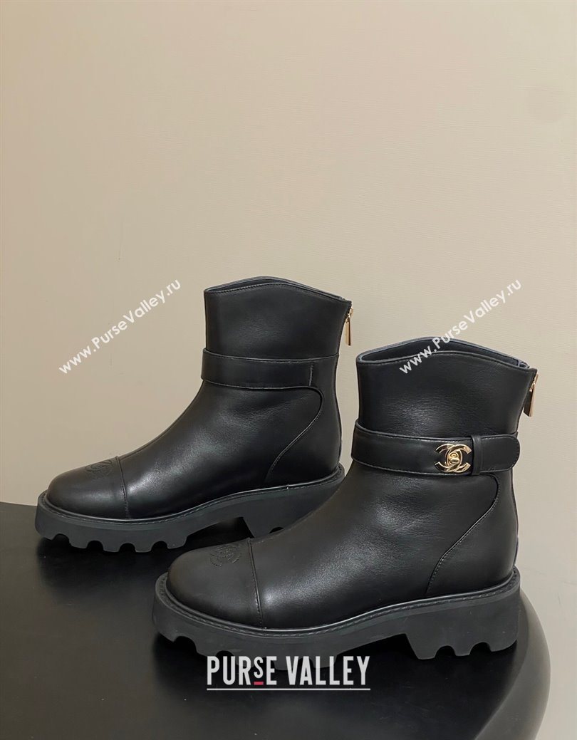 Chanel Calfskin Leather Platform Ankle Boots with Logo Strap Black 2025 CH122304 (MD-251223016)