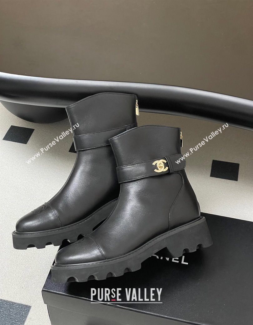 Chanel Calfskin Leather Platform Ankle Boots with Logo Strap Black 2025 CH122304 (MD-251223016)