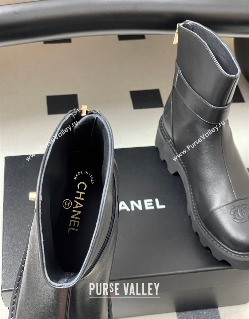 Chanel Calfskin Leather Platform Ankle Boots with Logo Strap Black 2025 CH122304 (MD-251223016)