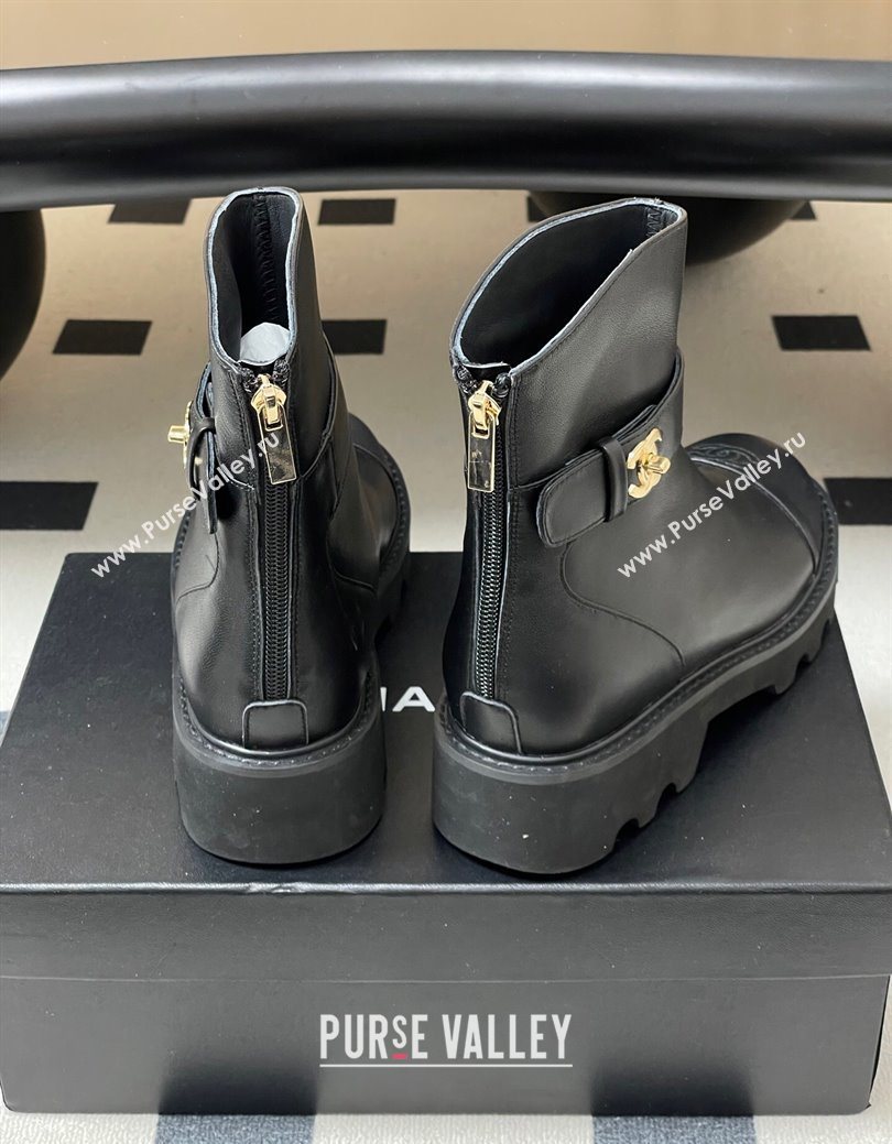 Chanel Calfskin Leather Platform Ankle Boots with Logo Strap Black 2025 CH122304 (MD-251223016)