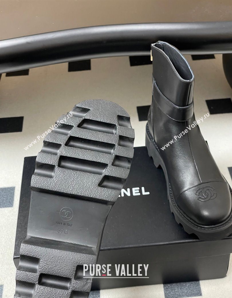 Chanel Calfskin Leather Platform Ankle Boots with Logo Strap Black 2025 CH122304 (MD-251223016)
