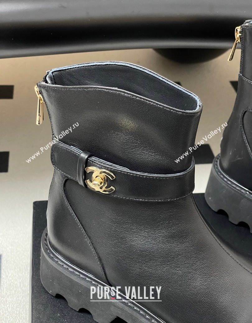 Chanel Calfskin Leather Platform Ankle Boots with Logo Strap Black 2025 CH122304 (MD-251223016)