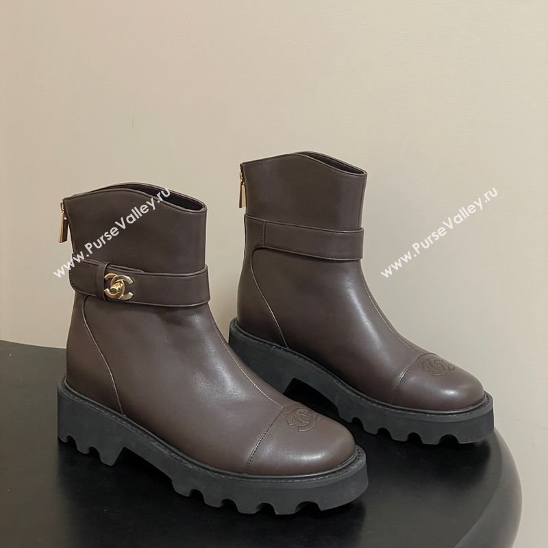 Chanel Calfskin Leather Platform Ankle Boots with Logo Strap Brown 2025 CH122304 (MD-251223017)