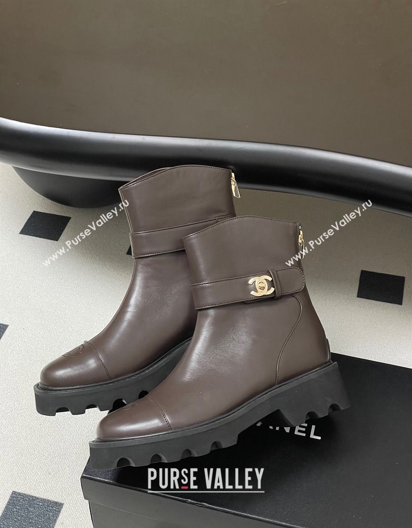 Chanel Calfskin Leather Platform Ankle Boots with Logo Strap Brown 2025 CH122304 (MD-251223017)