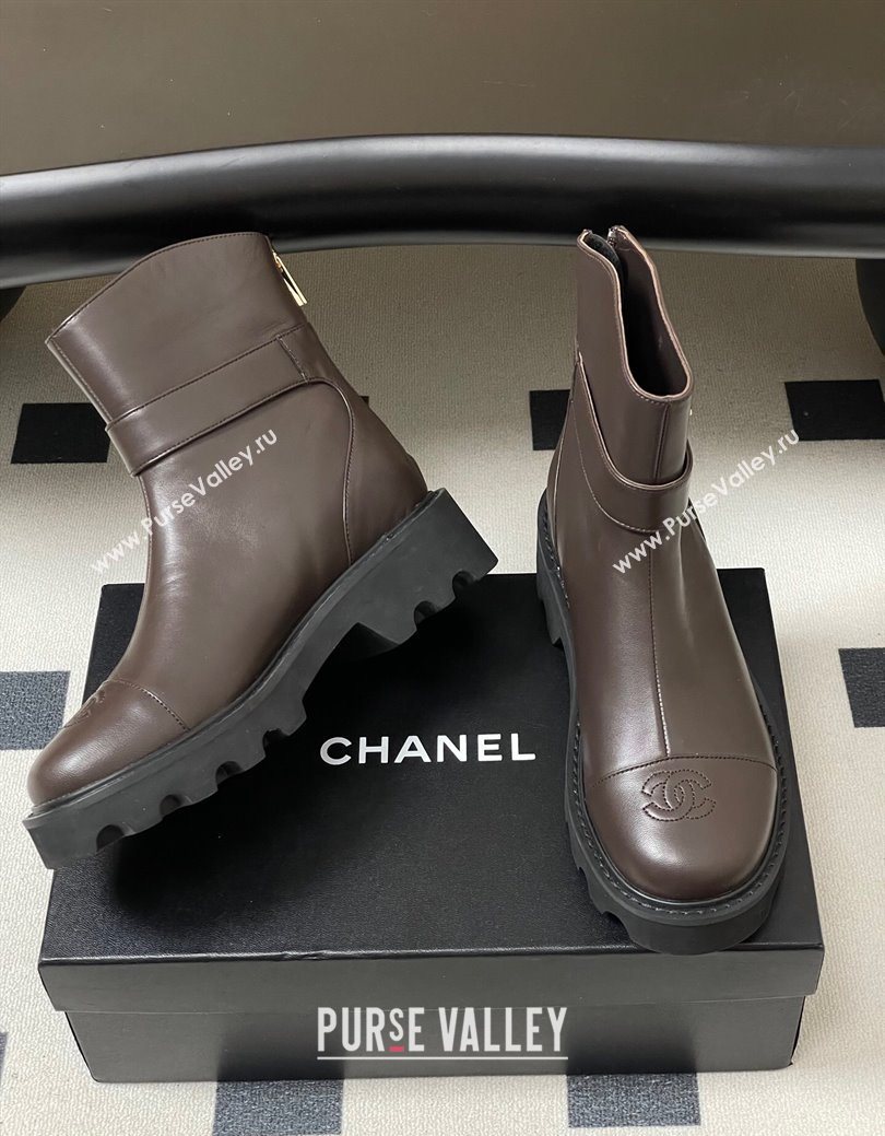 Chanel Calfskin Leather Platform Ankle Boots with Logo Strap Brown 2025 CH122304 (MD-251223017)