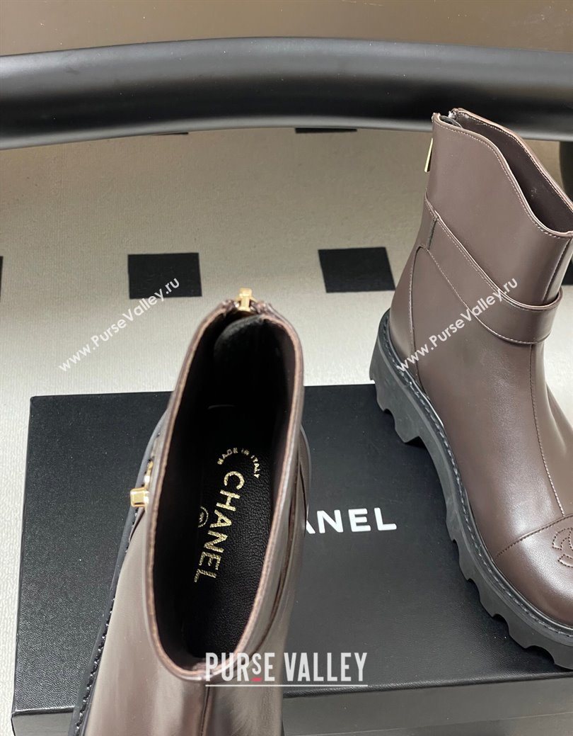 Chanel Calfskin Leather Platform Ankle Boots with Logo Strap Brown 2025 CH122304 (MD-251223017)