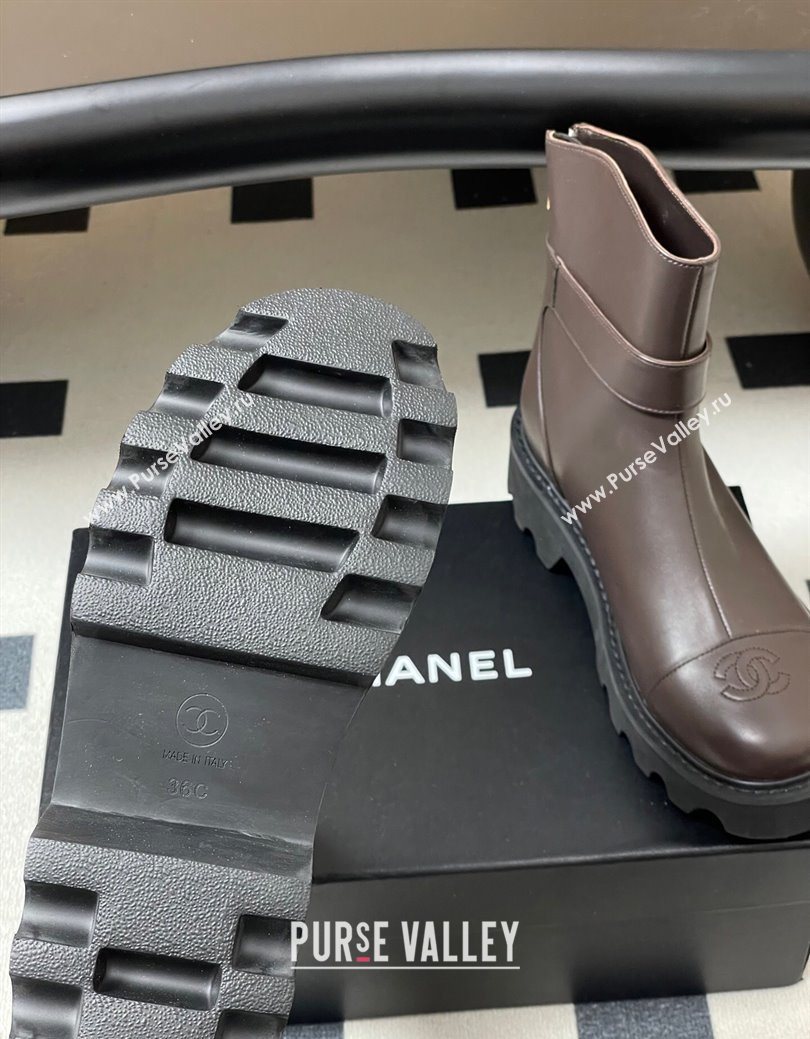 Chanel Calfskin Leather Platform Ankle Boots with Logo Strap Brown 2025 CH122304 (MD-251223017)