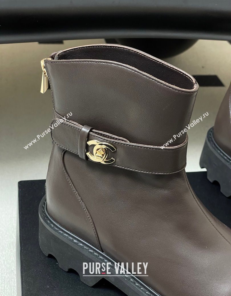 Chanel Calfskin Leather Platform Ankle Boots with Logo Strap Brown 2025 CH122304 (MD-251223017)