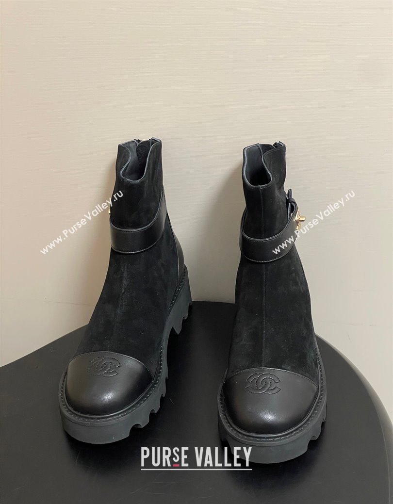 Chanel Suede Platform Ankle Boots with Logo Strap Black 2025 CH122304 (MD-251223018)