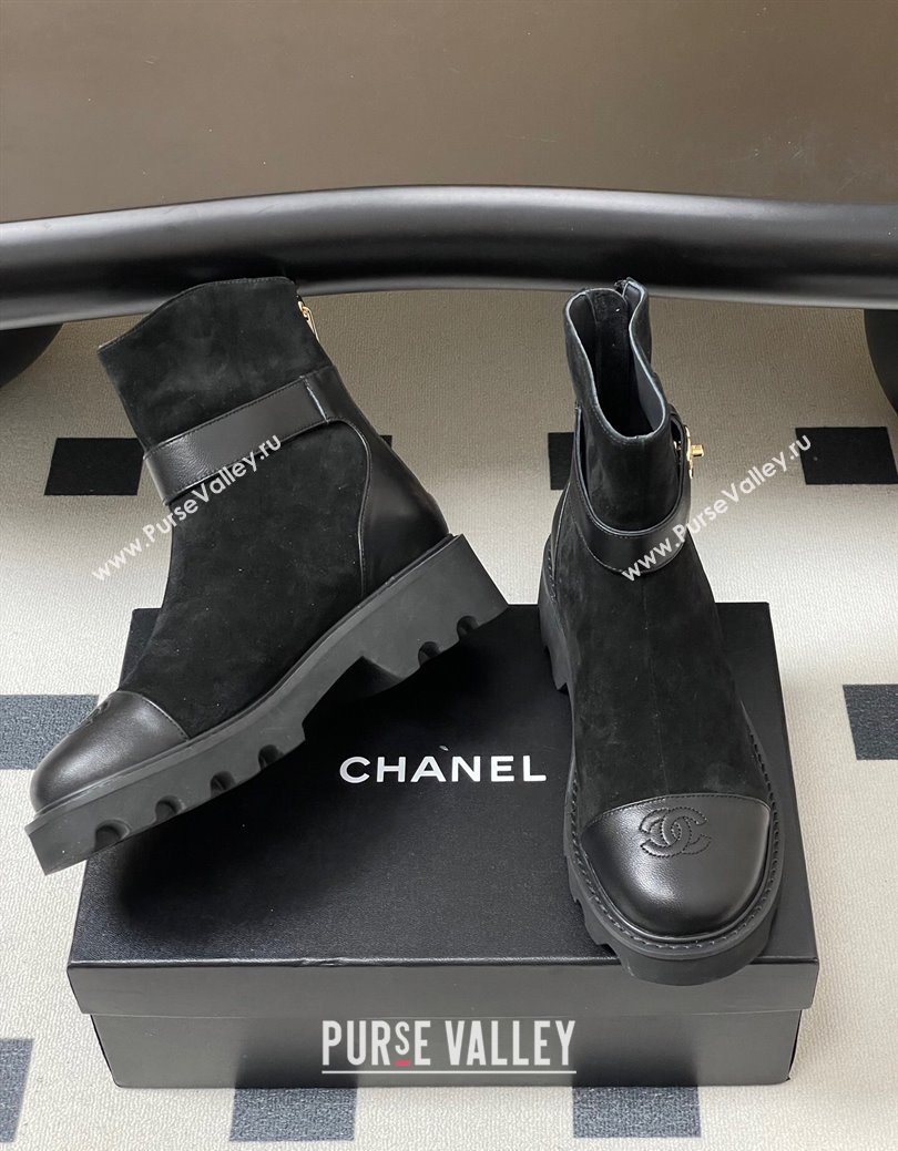 Chanel Suede Platform Ankle Boots with Logo Strap Black 2025 CH122304 (MD-251223018)