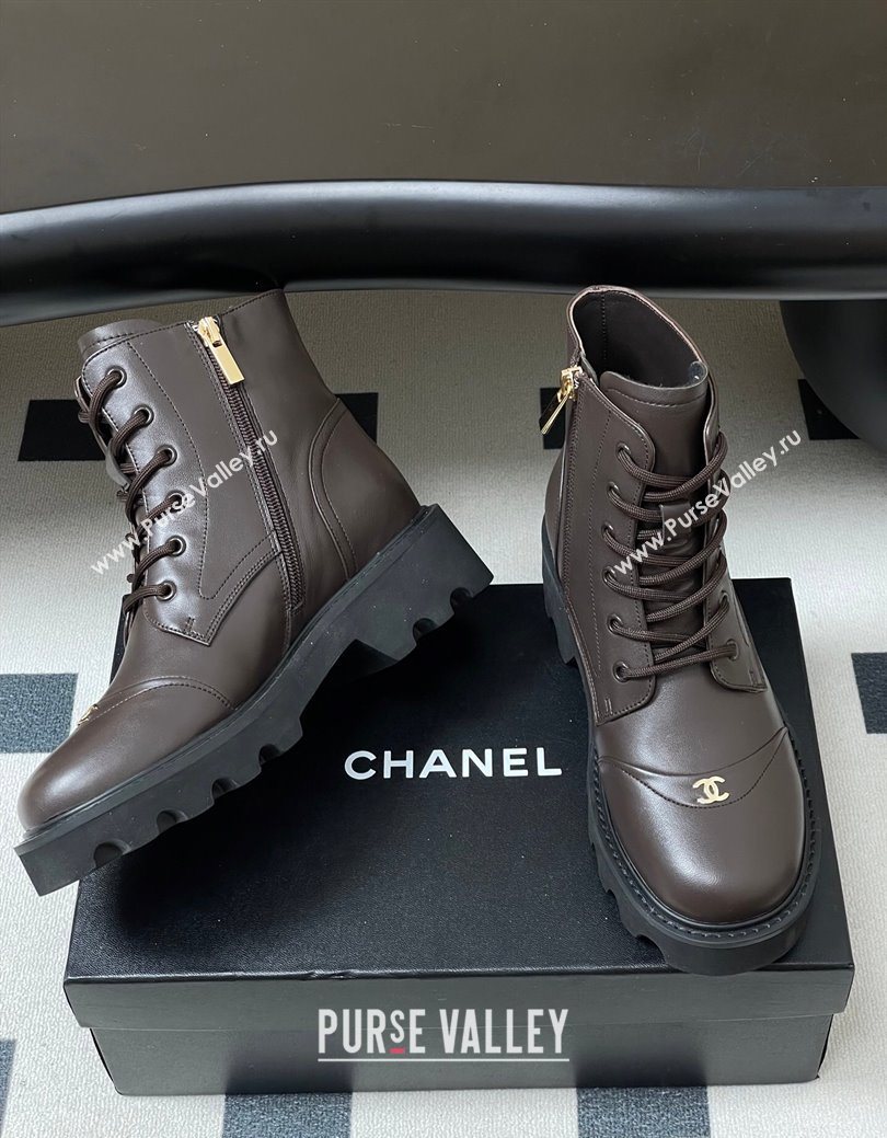 Chanel Calfskin Leather Laced-up Ankle Boots Brown 2025 CH110404 (MD-251223031)