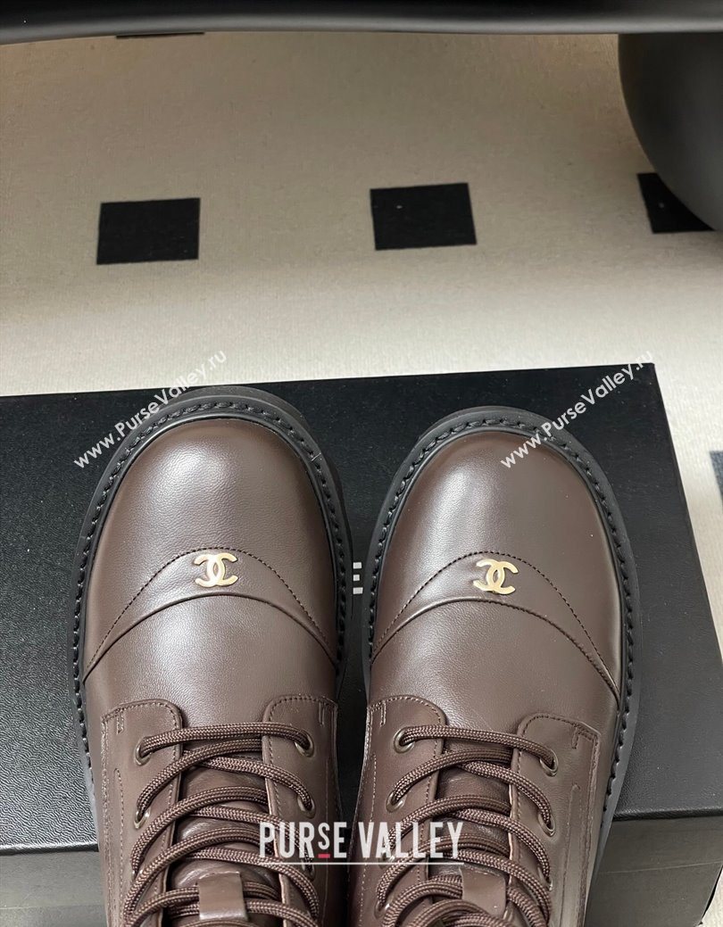 Chanel Calfskin Leather Laced-up Ankle Boots Brown 2025 CH110404 (MD-251223031)