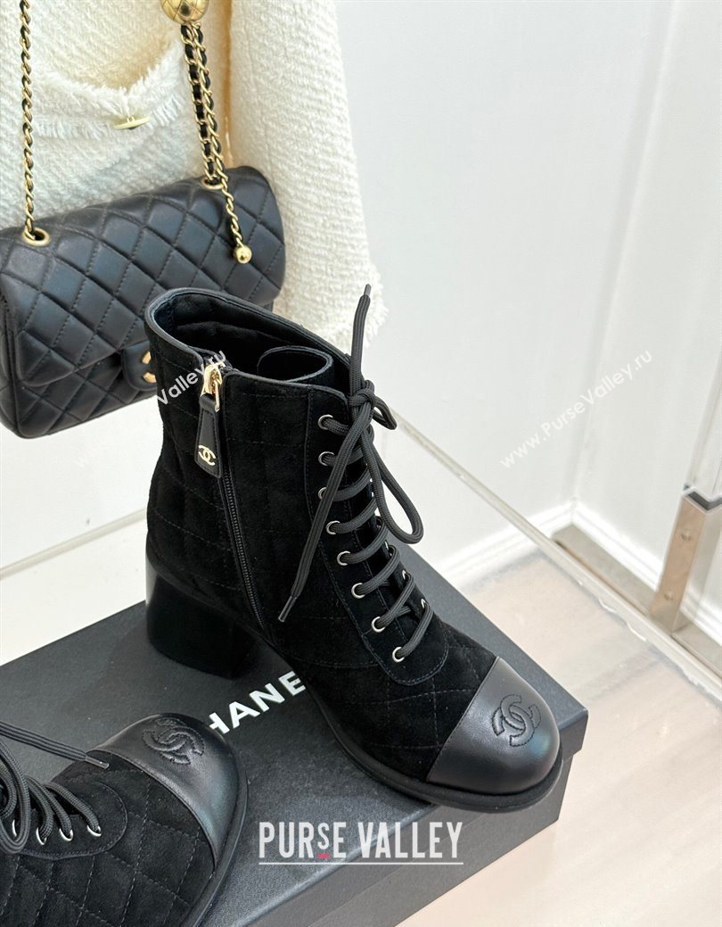 Chanel Quilted Suede Lace-Up Shoes Ankle Boots 5cm Black 2025 G46973 (MD-251223021)