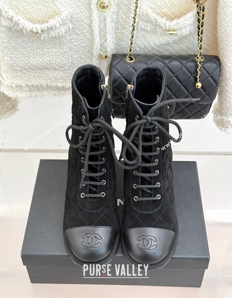 Chanel Quilted Suede Lace-Up Shoes Ankle Boots 5cm Black 2025 G46973 (MD-251223021)