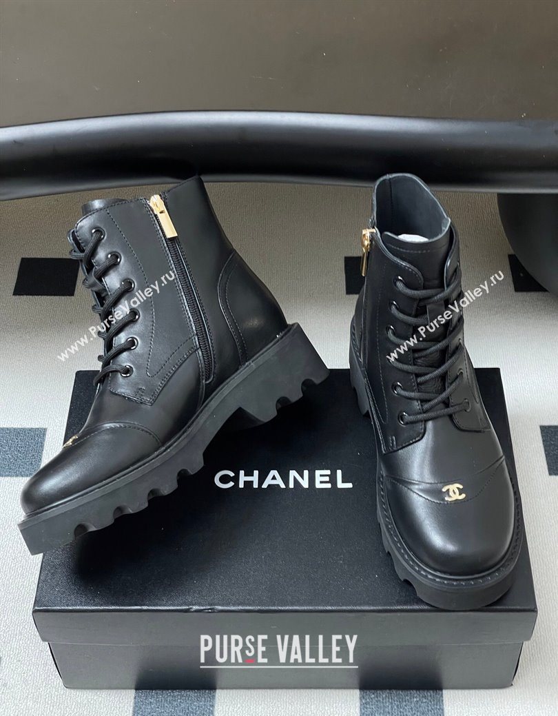 Chanel Calfskin Leather Laced-up Ankle Boots Black 2025 CH110404 (MD-251223028)