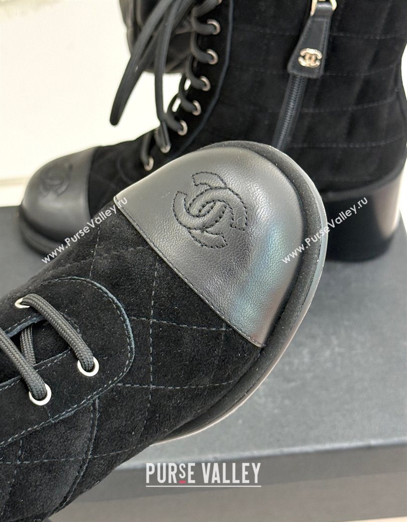 Chanel Quilted Suede Lace-Up Shoes Ankle Boots 5cm Black 2025 G46973 (MD-251223021)