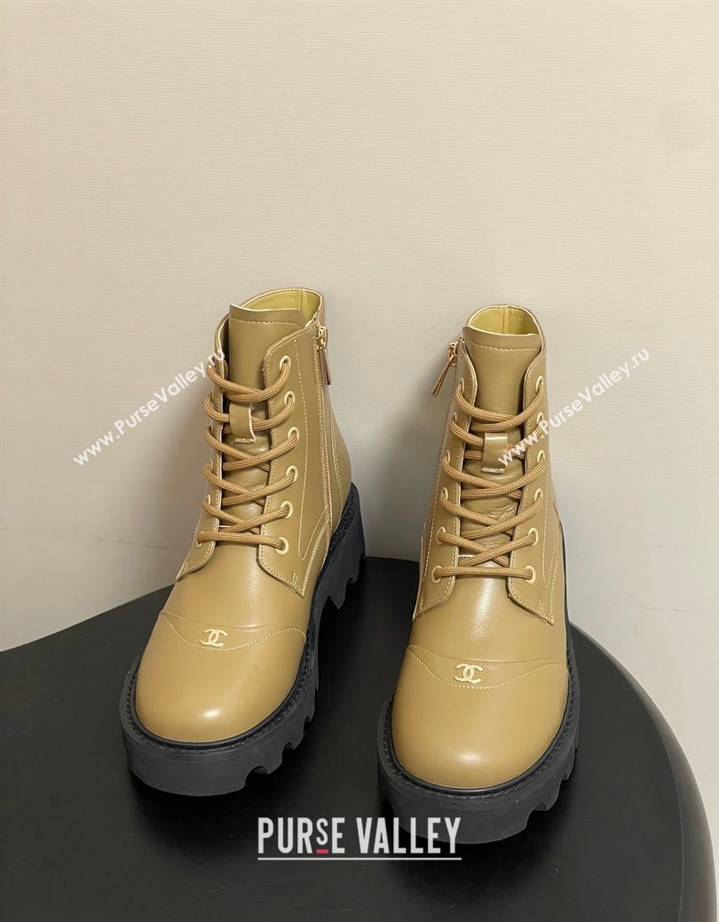 Chanel Calfskin Leather Laced-up Ankle Boots Beige Yellow 2025 CH110404 (MD-251223030)