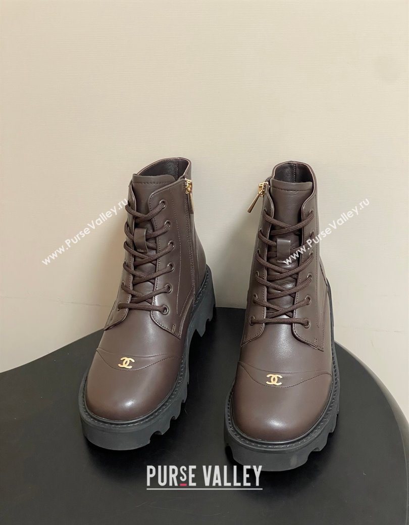 Chanel Calfskin Leather Laced-up Ankle Boots Brown 2025 CH110404 (MD-251223031)