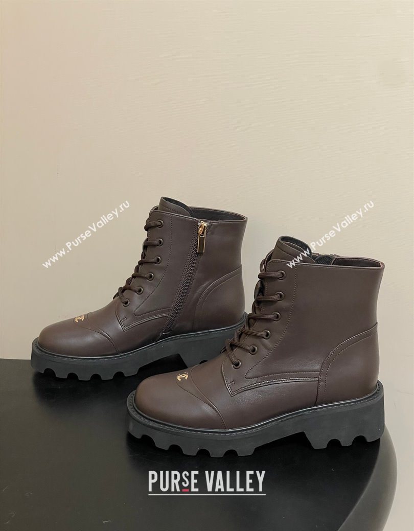 Chanel Calfskin Leather Laced-up Ankle Boots Brown 2025 CH110404 (MD-251223031)