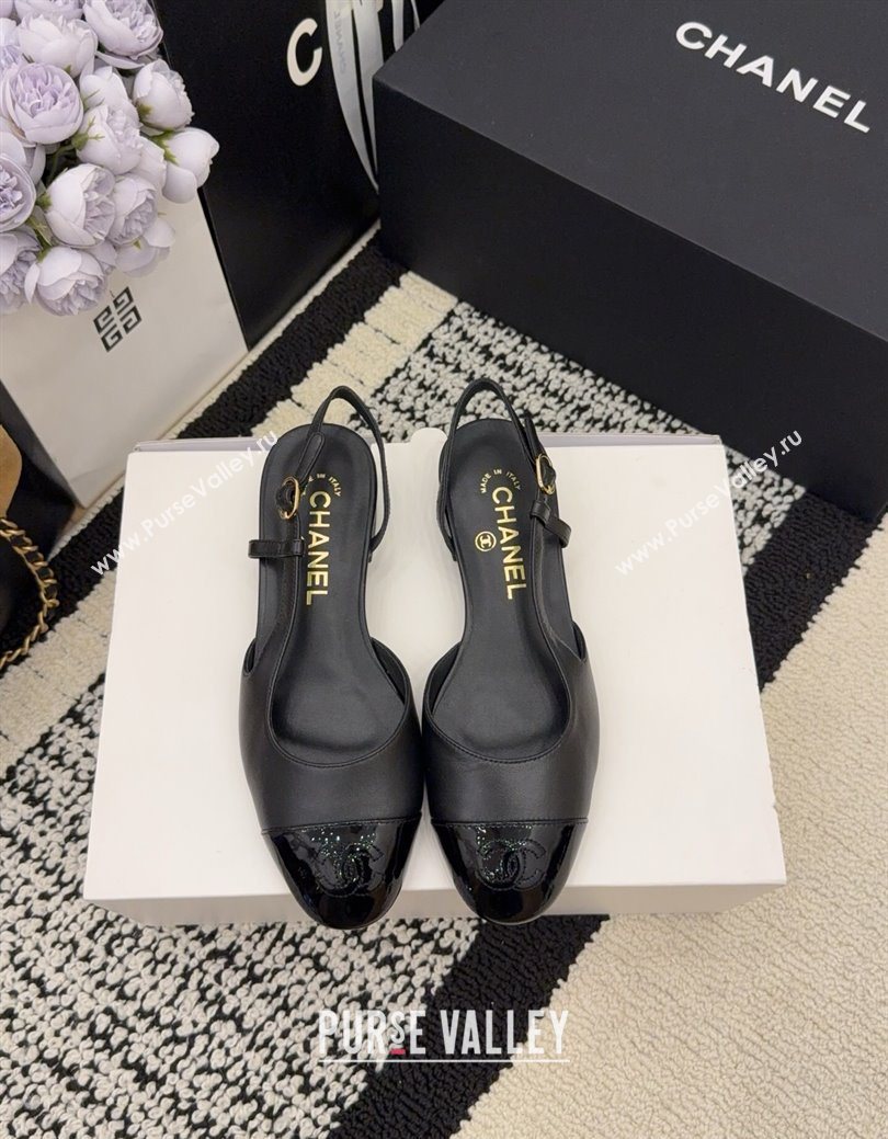 Chanel Lambskin Patent Leather Slingbacks Flat Black 2025 G31319 1224 (MD-251224084)