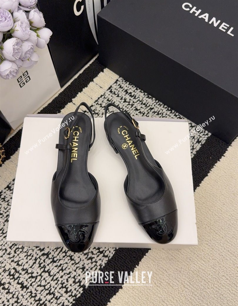 Chanel Lambskin Patent Leather Slingbacks Flat Black 2025 G31319 1224 (MD-251224084)