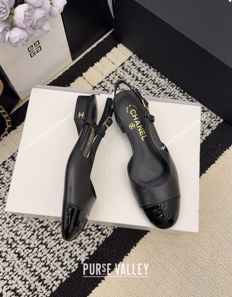 Chanel Lambskin Patent Leather Slingbacks Flat Black 2025 G31319 1224 (MD-251224084)