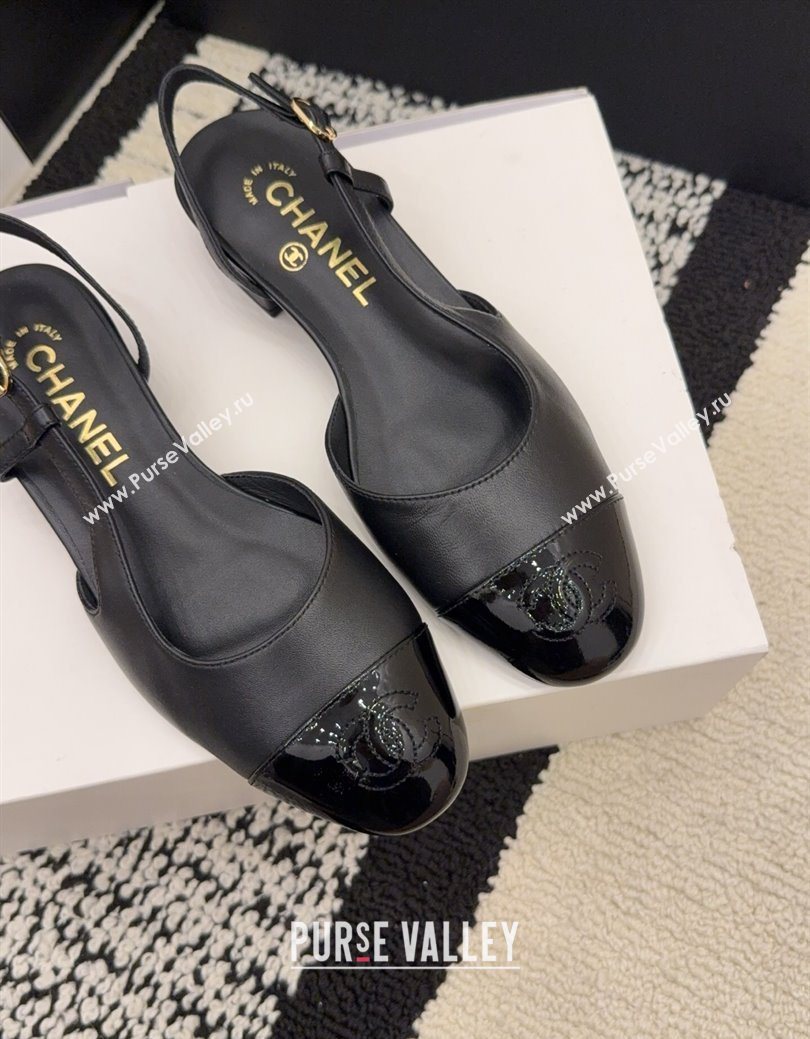 Chanel Lambskin Patent Leather Slingbacks Flat Black 2025 G31319 1224 (MD-251224084)